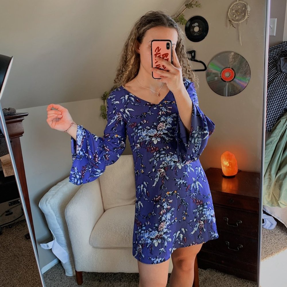 LOFT Frosted Branch Floral Bell Sleeve Dress